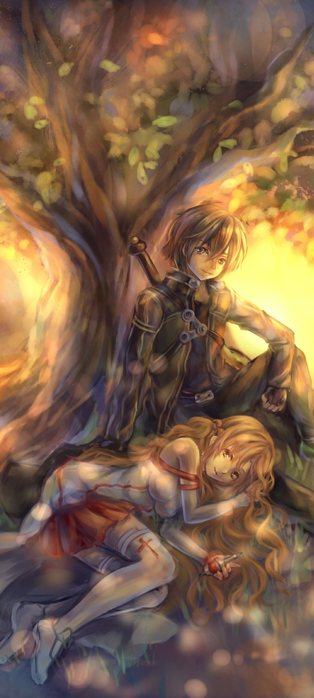 Sword Art Online anime phone wallpaper: Kirito leans against a tree as Asuna sleeps with her head in his lap, bathed in warm golden light with drifting leaves.