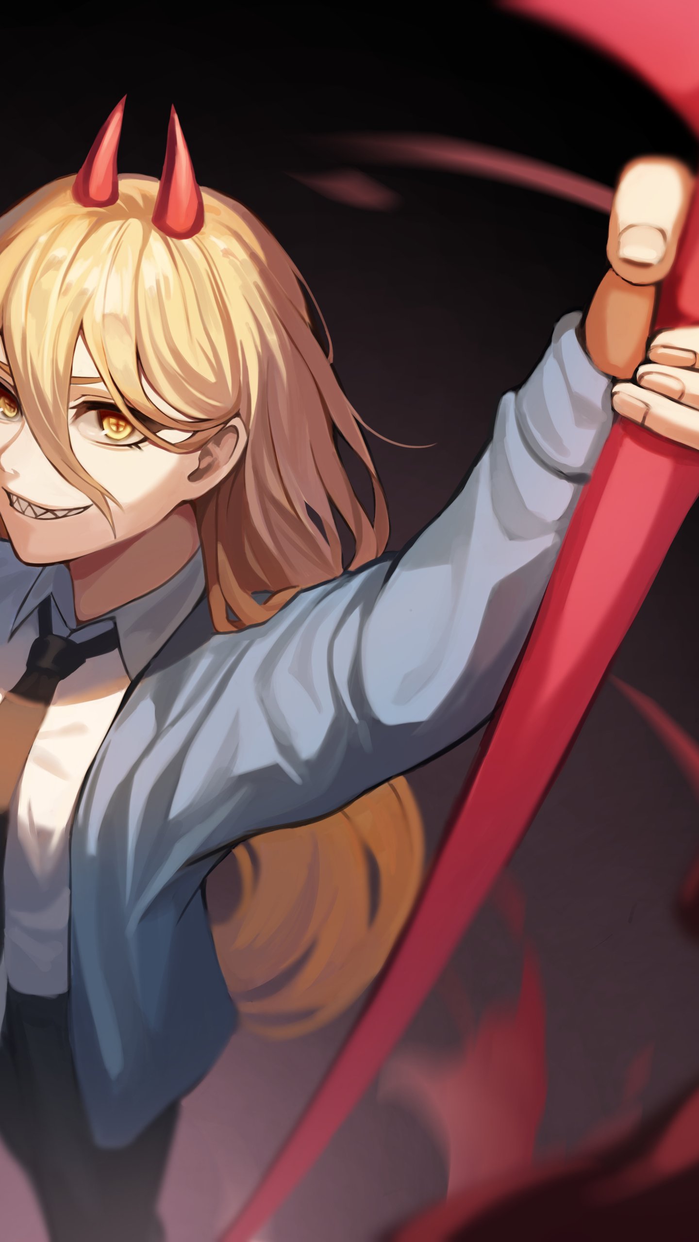 Anime Chainsaw Man phone wallpaper: Power grins, horns and blonde hair, gripping a red chainsaw blade against a dark red–black background.