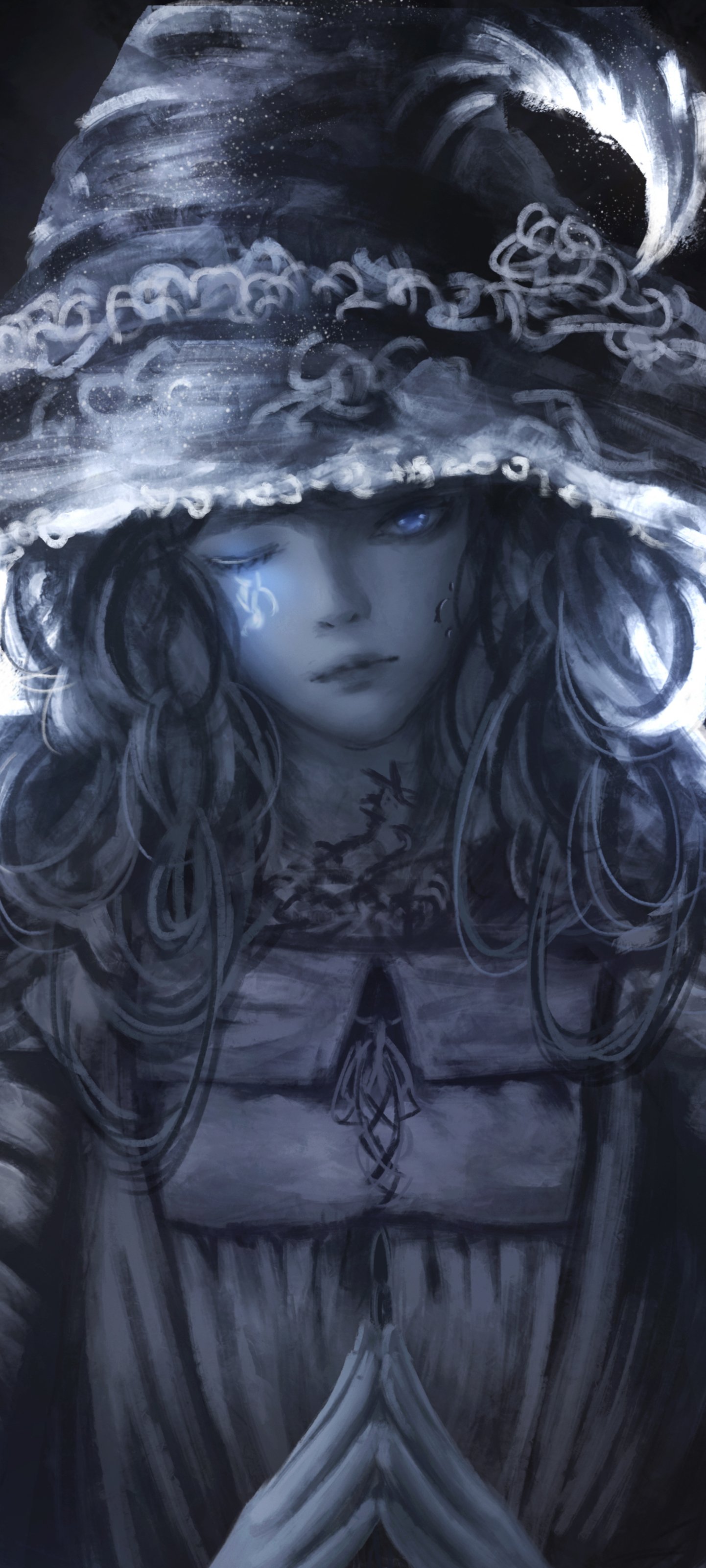 Phone wallpaper of Ranni the Witch from the video game Elden Ring — moody blue-gray portrait, wide-brim hat dusted with stars, glowing eyes and folded hands in ornate robes.