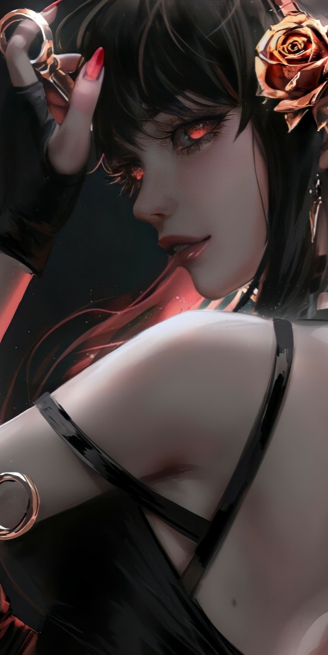 Anime phone wallpaper of Spy x Family's Yor: close-up portrait, dark hair, crimson eyes, rose hairpin, black strappy outfit and a sultry over-the-shoulder gaze.