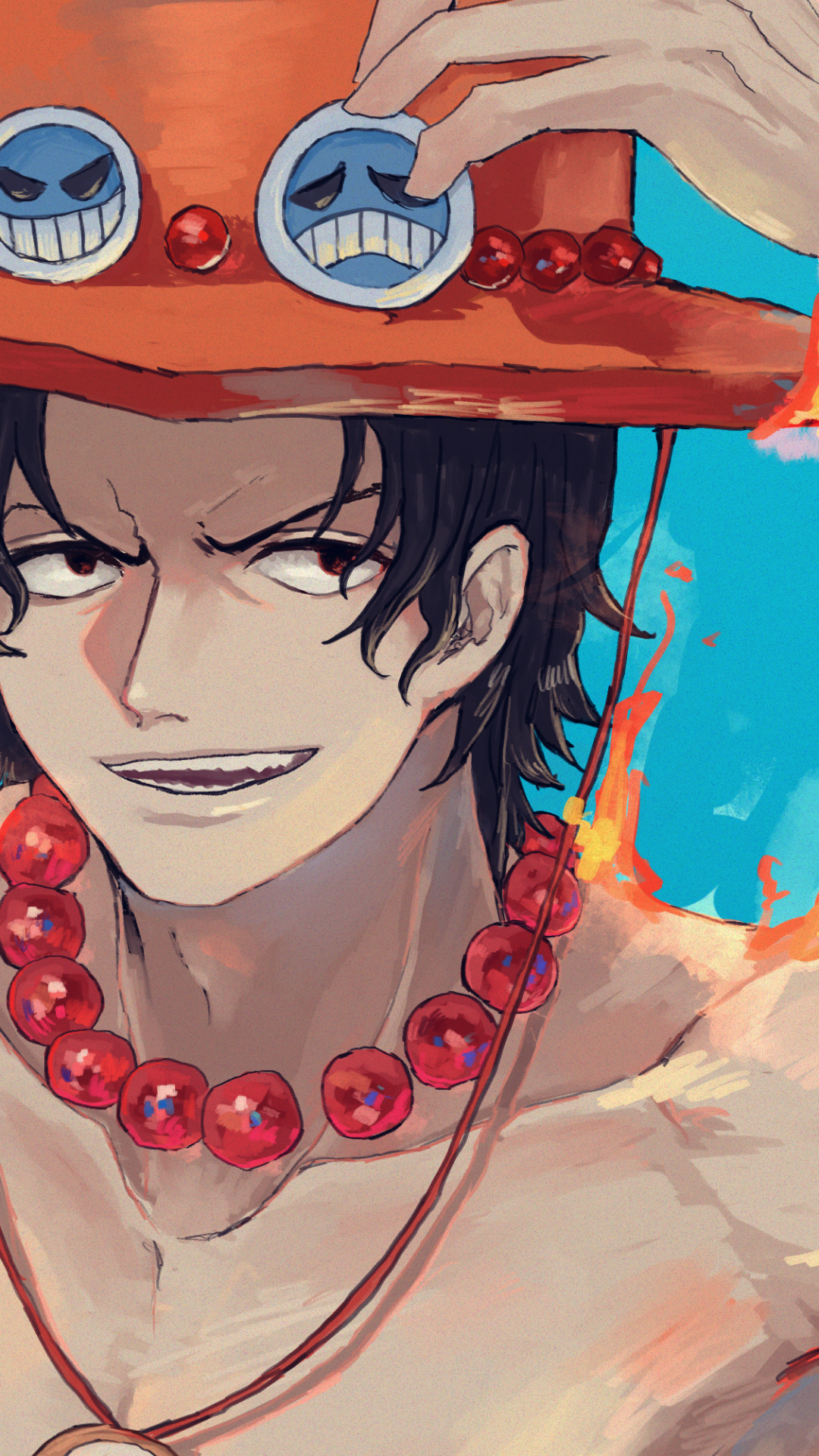 Anime-style One Piece character with a smirk, wearing a distinctive orange hat and red bead necklace, designed as a vibrant phone wallpaper for iPhone and Android.