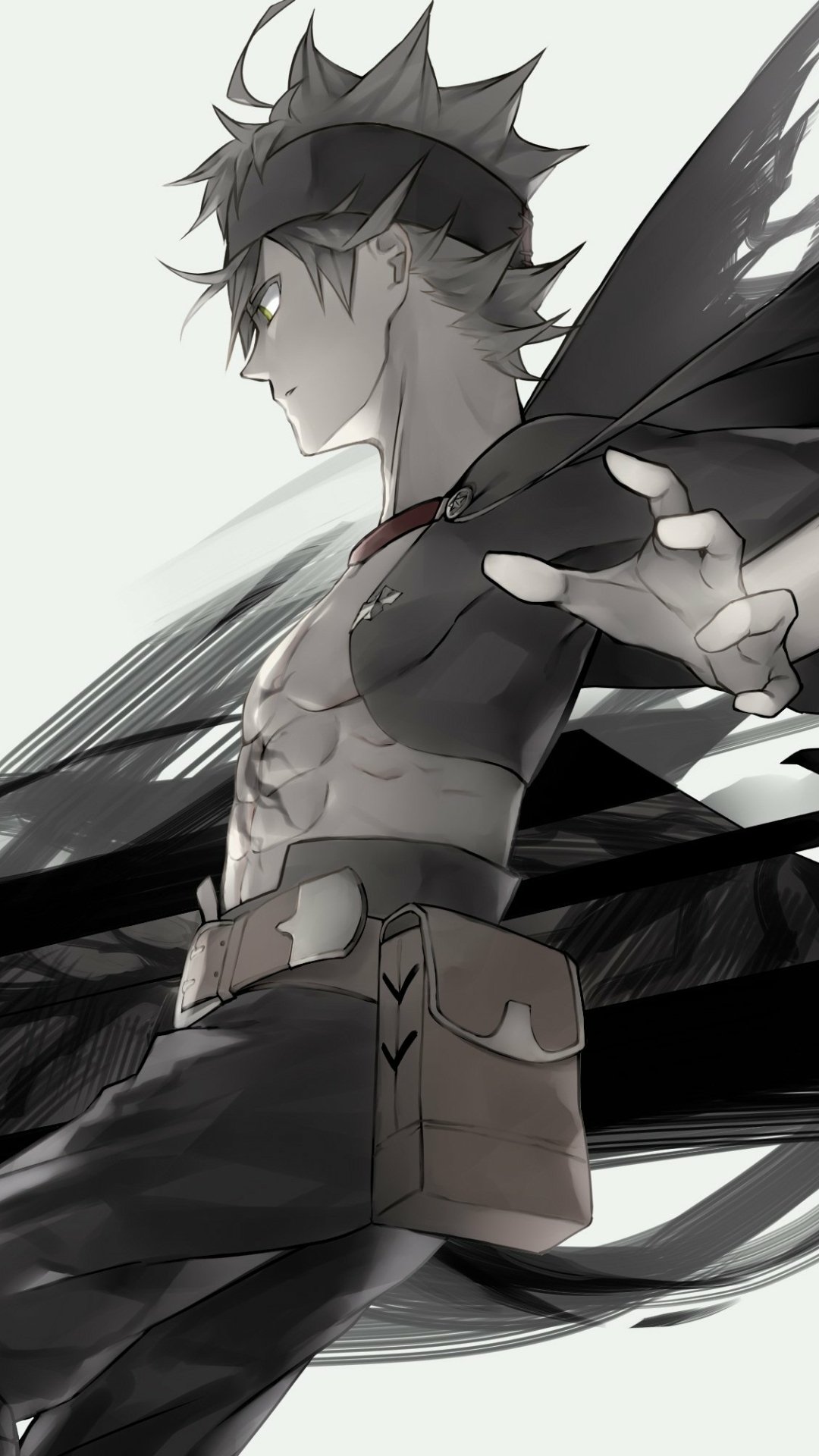 Monochrome anime phone wallpaper of Asta from Black Clover, shown in profile with headband, torn cloak and outstretched arm, wearing a determined, intense expression.