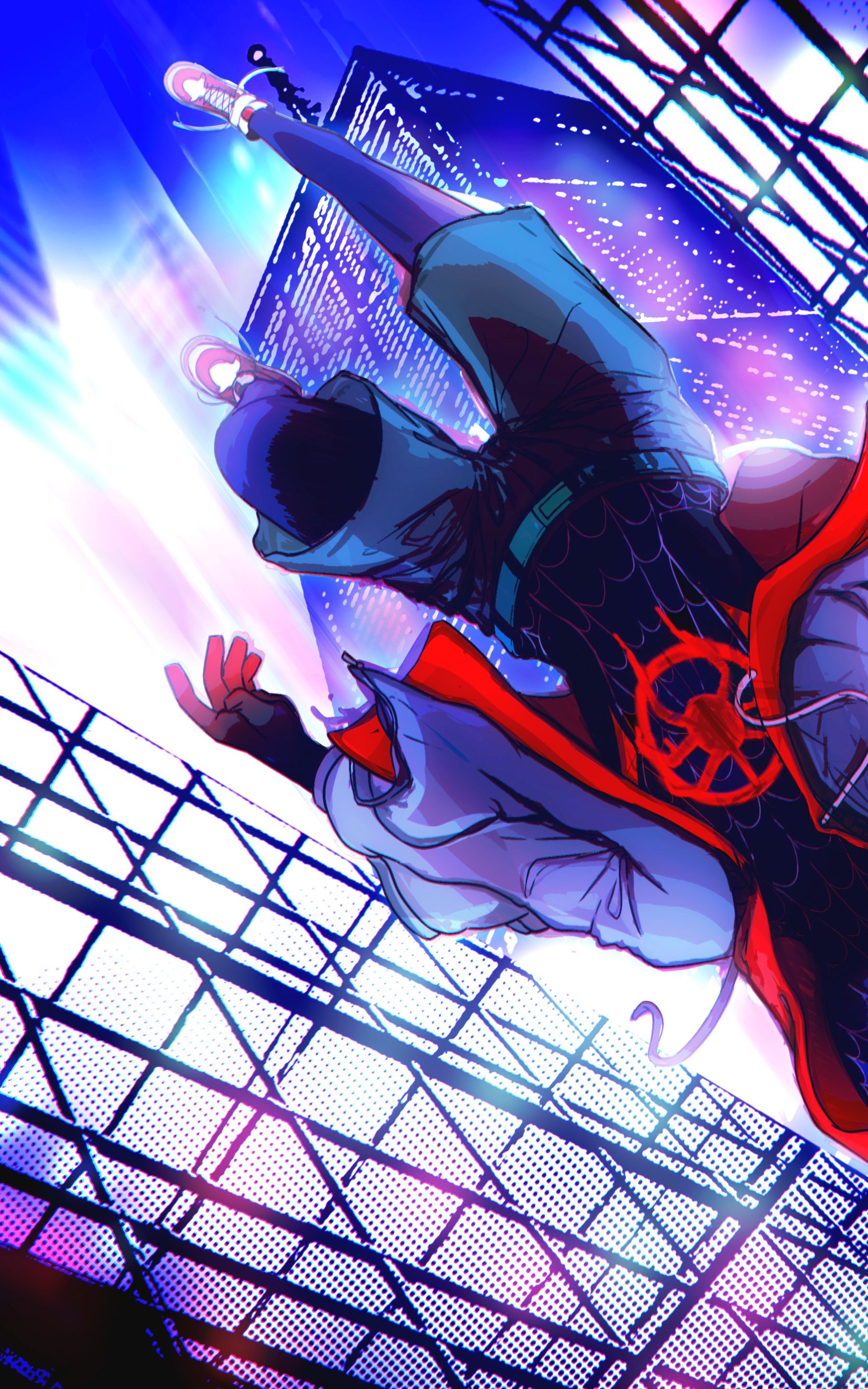 Phone wallpaper of Miles Morales from Spider-Man: Into the Spider-Verse, swinging upward past a neon-lit city grid with glowing webbing and bold comic-style colors.