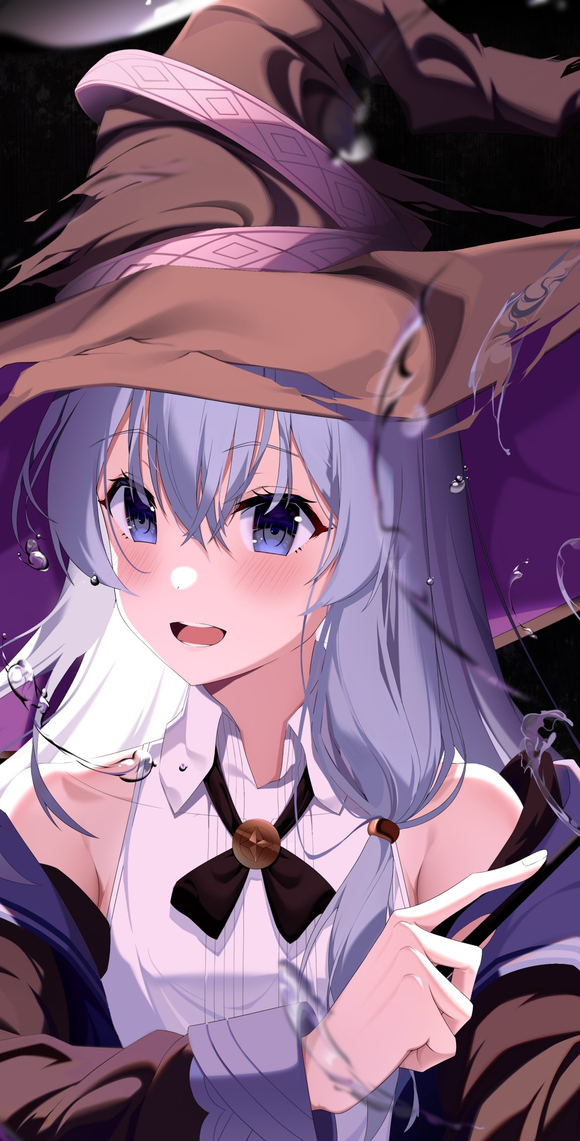 Phone wallpaper of Elaina from the anime Wandering Witch: The Journey of Elaina — silver‑haired witch in a wide brown hat and cloak, smiling with bright blue eyes.