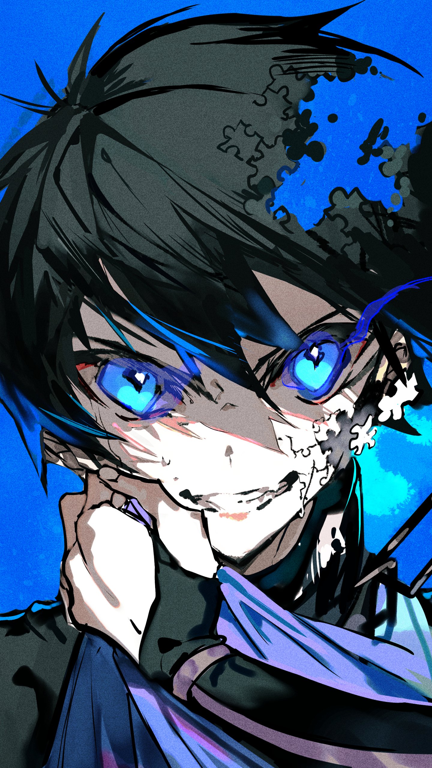 Phone wallpaper of Isagi Yoichi from Blue Lock — intense anime portrait with glowing blue eyes, dark tousled hair and puzzle-piece fragments breaking away from his face against a vivid blue background.