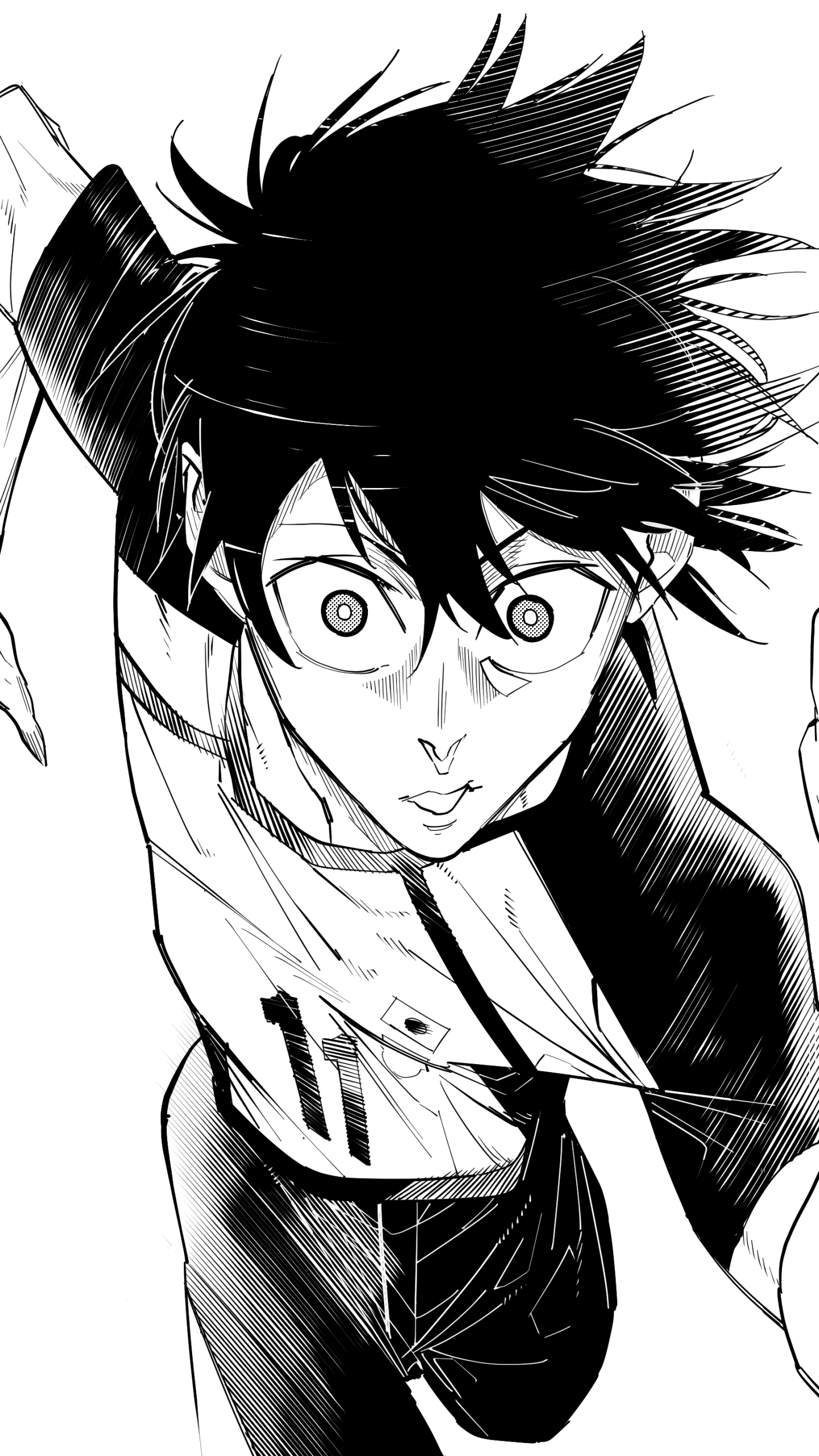 Black-and-white manga phone wallpaper of Isagi Yoichi (Blue Lock): dynamic upward close-up as he lunges forward, hair tousled and eyes wide with intense focus.