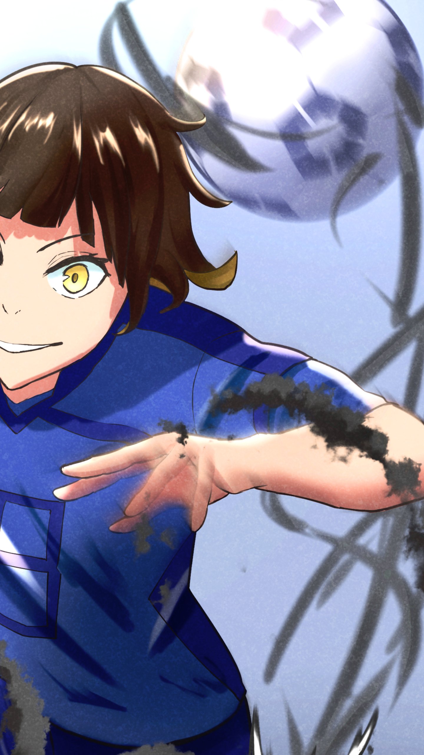 Anime-style phone wallpaper featuring Bachira Meguru from Blue Lock dynamically reaching out as a soccer ball spins behind him, designed for iPhone and Android screens.