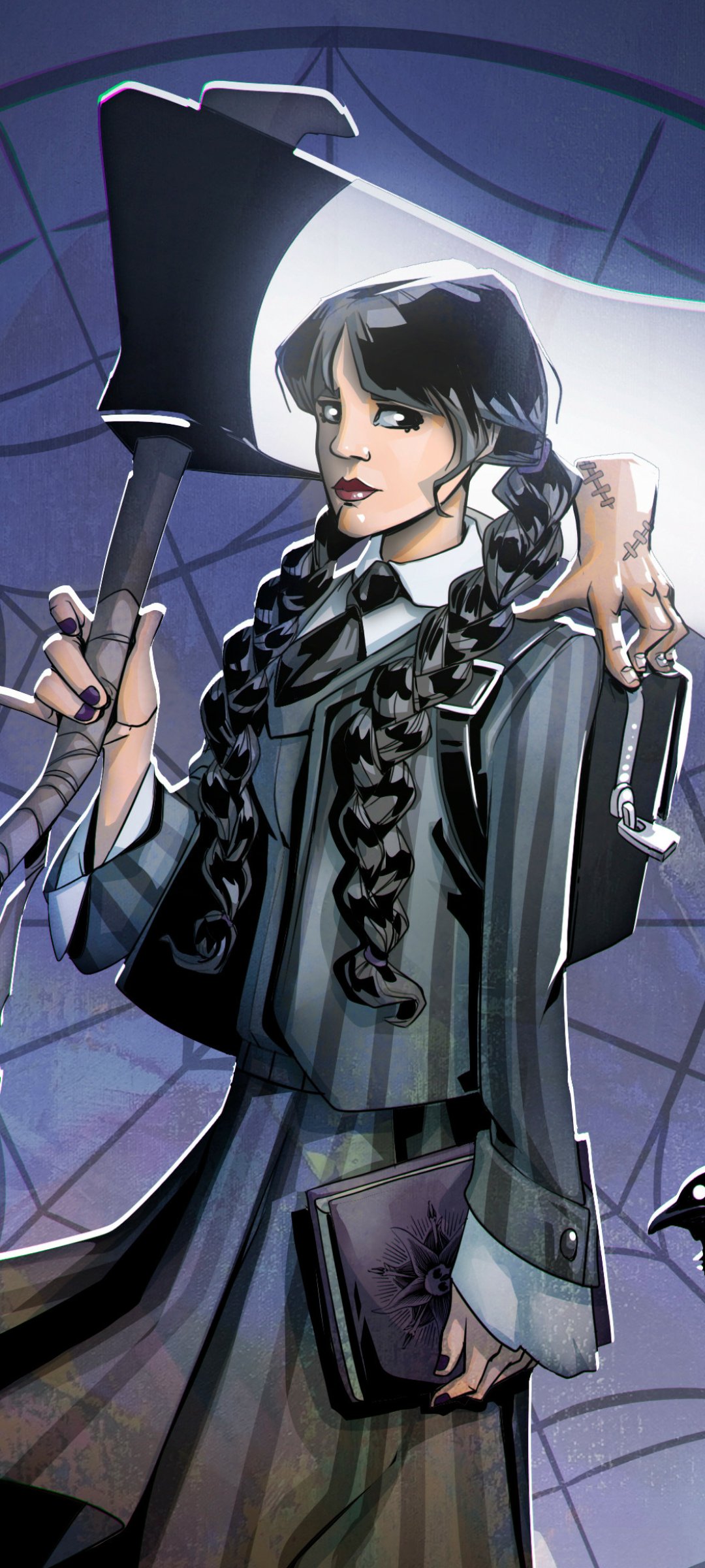 Phone wallpaper from the TV show Wednesday: stylized Wednesday Addams with braided hair and striped dress, clutching a book and an axe over her shoulder against a moonlit stained-glass backdrop.