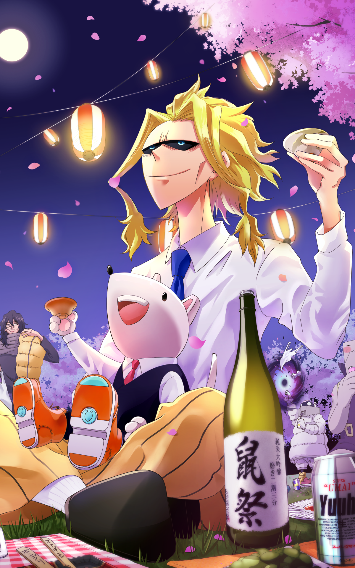 Anime-style My Hero Academia wallpaper featuring All Might enjoying a spring evening with cherry blossoms, lanterns, and festive drinks, designed for iPhone and Android displays.