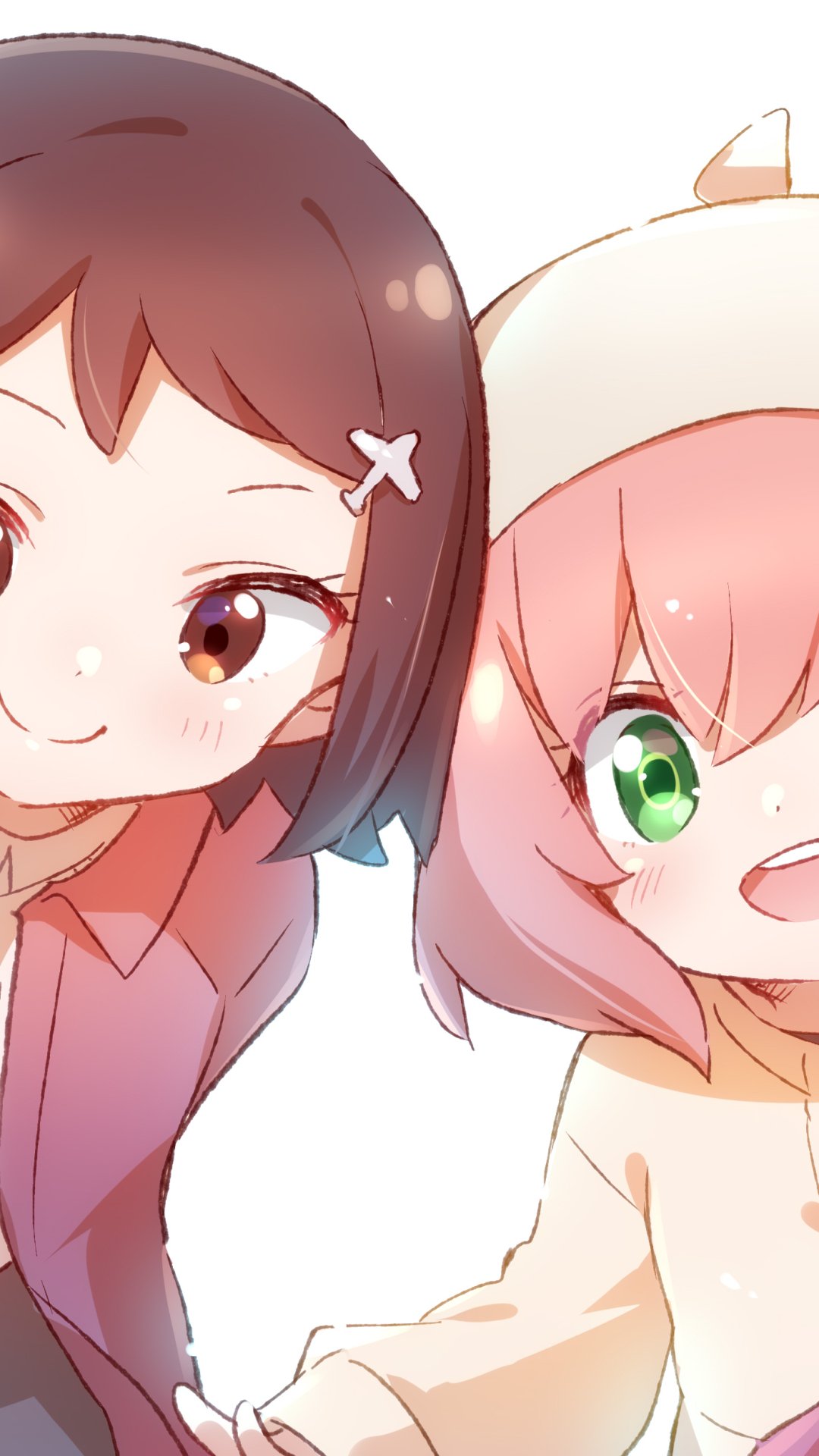 Spy x Family anime phone wallpaper: two cheerful girls holding hands on white — pink-haired Anya with green eyes at right and a brown-haired friend smiling at left.