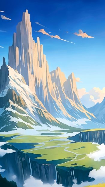 Vertical anime landscape phone wallpaper: towering pastel mountains rising above green plateaus and misty cliffs under a bright blue sky with wispy clouds.