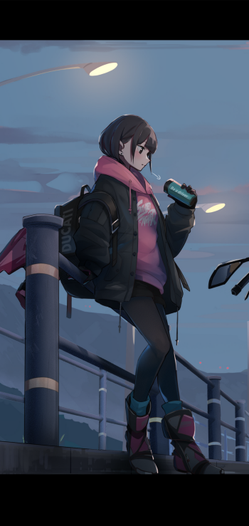 Anime-style girl in a hoodie and jacket with a backpack, standing near a railing under streetlights at dusk, designed as a phone wallpaper for iPhones and Android devices.