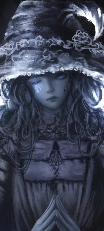 Phone wallpaper of Ranni the Witch from the video game Elden Ring — moody blue-gray portrait, wide-brim hat dusted with stars, glowing eyes and folded hands in ornate robes.