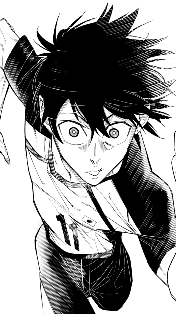 Black-and-white manga phone wallpaper of Isagi Yoichi (Blue Lock): dynamic upward close-up as he lunges forward, hair tousled and eyes wide with intense focus.