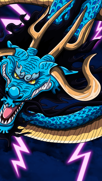 Anime-style One Piece dragon with vibrant blue scales and golden horns, set against a dark background with purple lightning, designed as a phone wallpaper for iPhone and Android.
