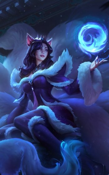 Phone wallpaper of Ahri from the video game League of Legends: nine-tailed fox mage in a winter-themed outfit, holding a glowing blue orb against a moonlit night.