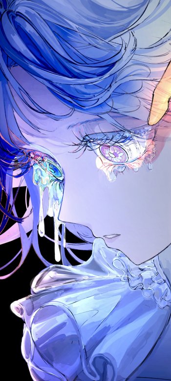 Anime girl with flowing blue hair and luminous eyes, rendered in vibrant colors as a detailed phone wallpaper for iPhones and Android devices.