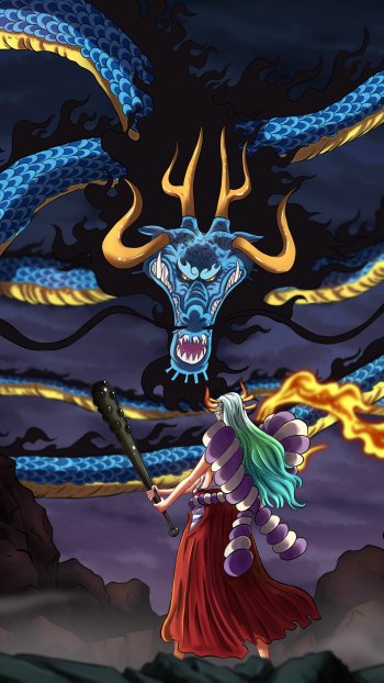 Anime-style One Piece wallpaper showing a fierce dragon confronting a warrior with green hair and a flowing red outfit, designed for display on iPhones and Android phones.