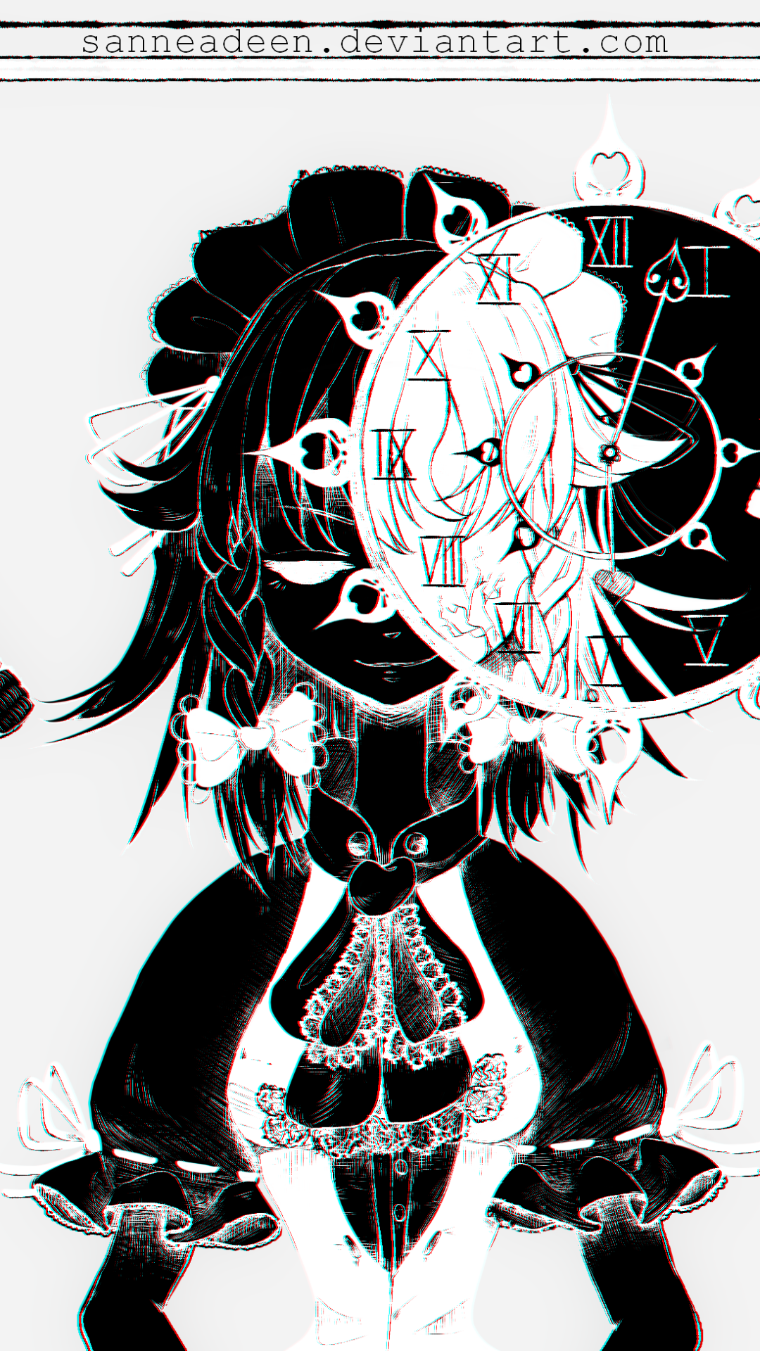 Anime Touhou phone wallpaper: monochrome maid with a split black-and-white face, Roman‑numeral clock overlay, heart accents and ribbons in a gothic, surreal style.