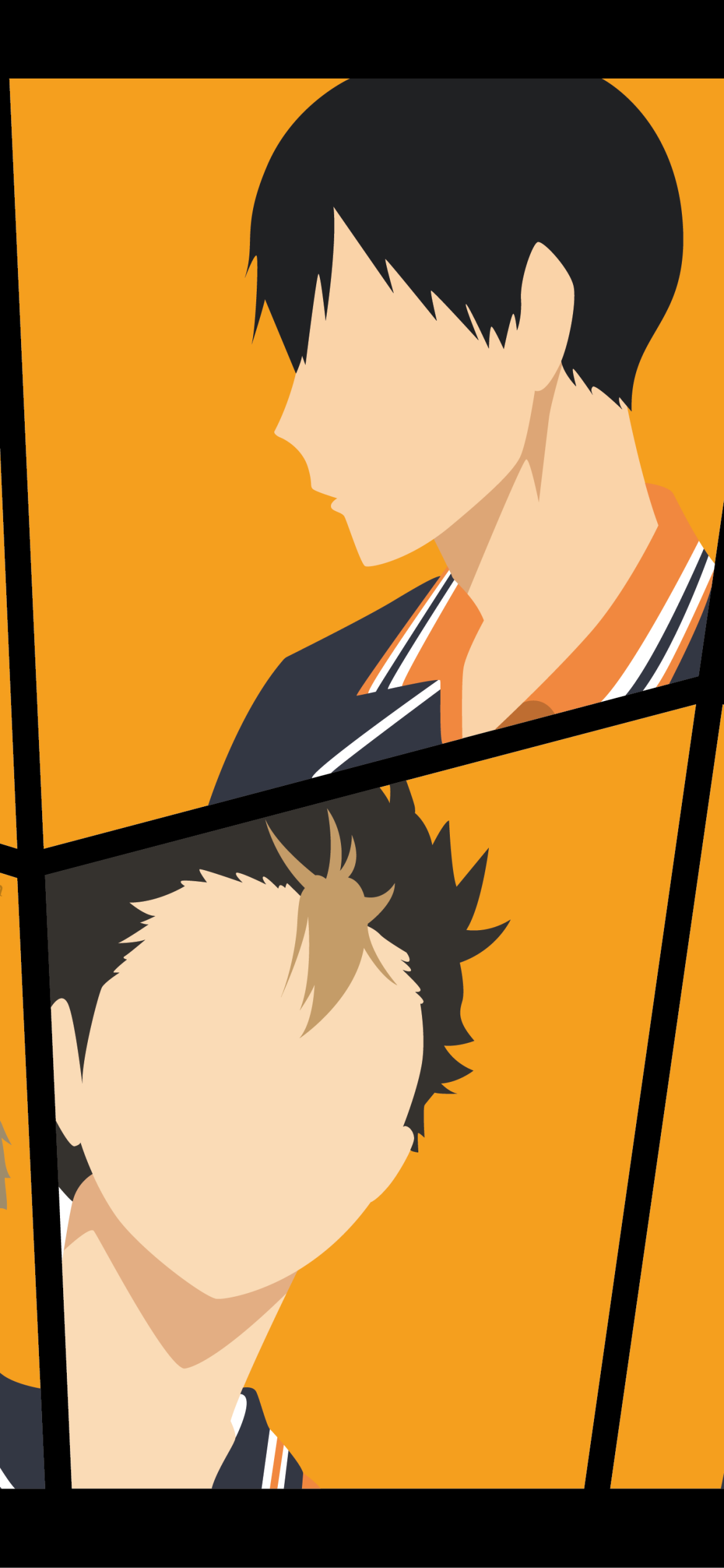Anime Haikyū!! phone wallpaper: bold orange background with stylized faceless profiles of two volleyball players separated by black panel lines.
