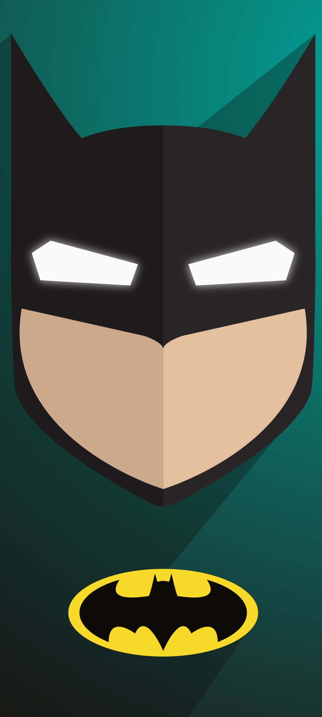 Comic-style Batman phone wallpaper: minimalist black cowl with glowing white eyes on a teal background, skin-toned lower face and yellow oval Bat emblem beneath.