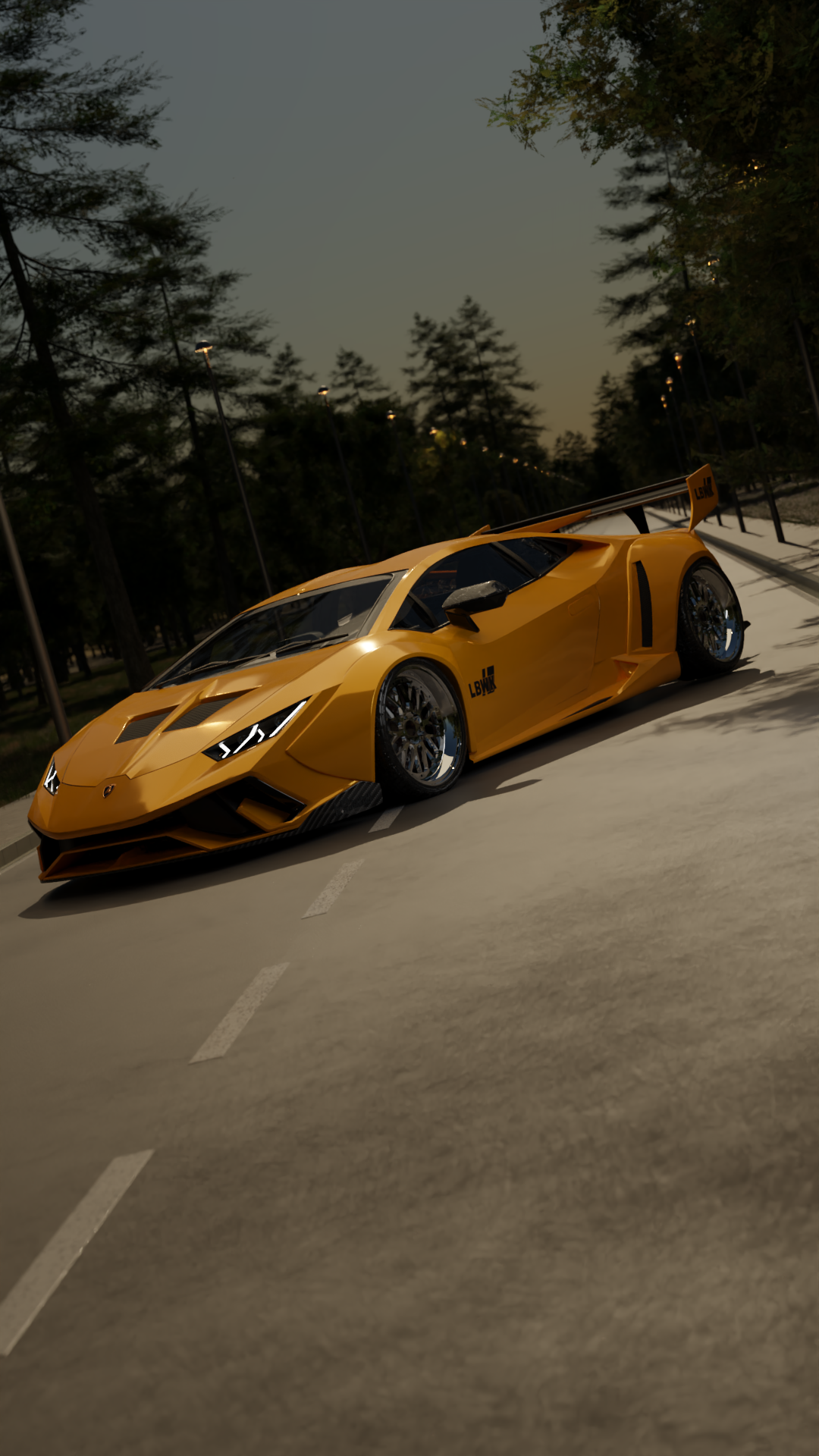 Phone wallpaper: yellow JDM-styled Lamborghini Huracán STO supercar parked on a tree-lined road — Lamborghini Huracan vehicle, formatted for iPhone and Android screens.