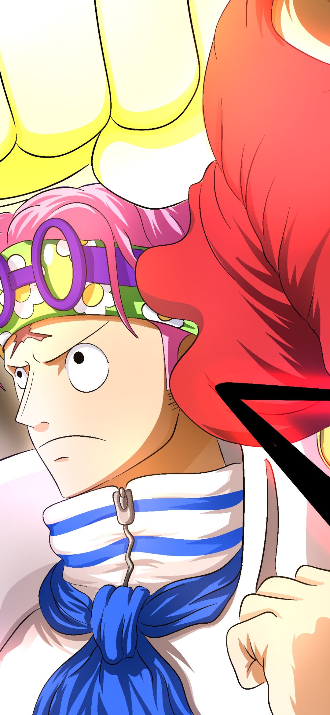 Anime One Piece phone wallpaper — close-up of a pink-haired, goggle-wearing character with a striped scarf and a clenched fist.