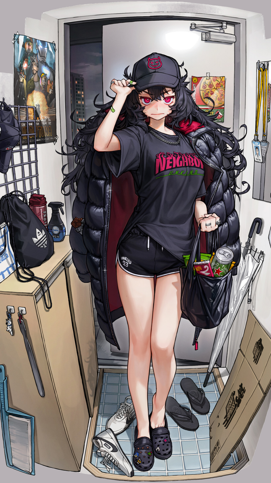 Phone wallpaper (iPhone & Android) of an anime girl in a cap and oversized tee, holding a bag and umbrella in a cluttered entryway — vibrant, detailed character art.