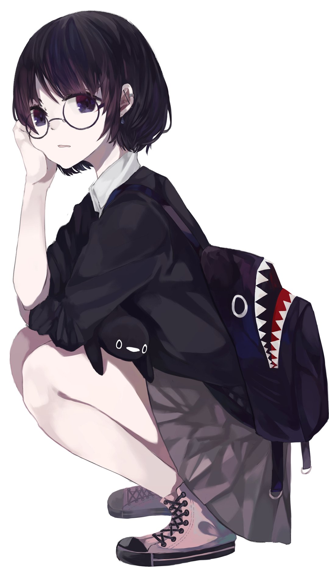 Anime girl phone wallpaper: short black-haired girl with glasses crouching, wearing a black sweater, skirt and shark-faced backpack.