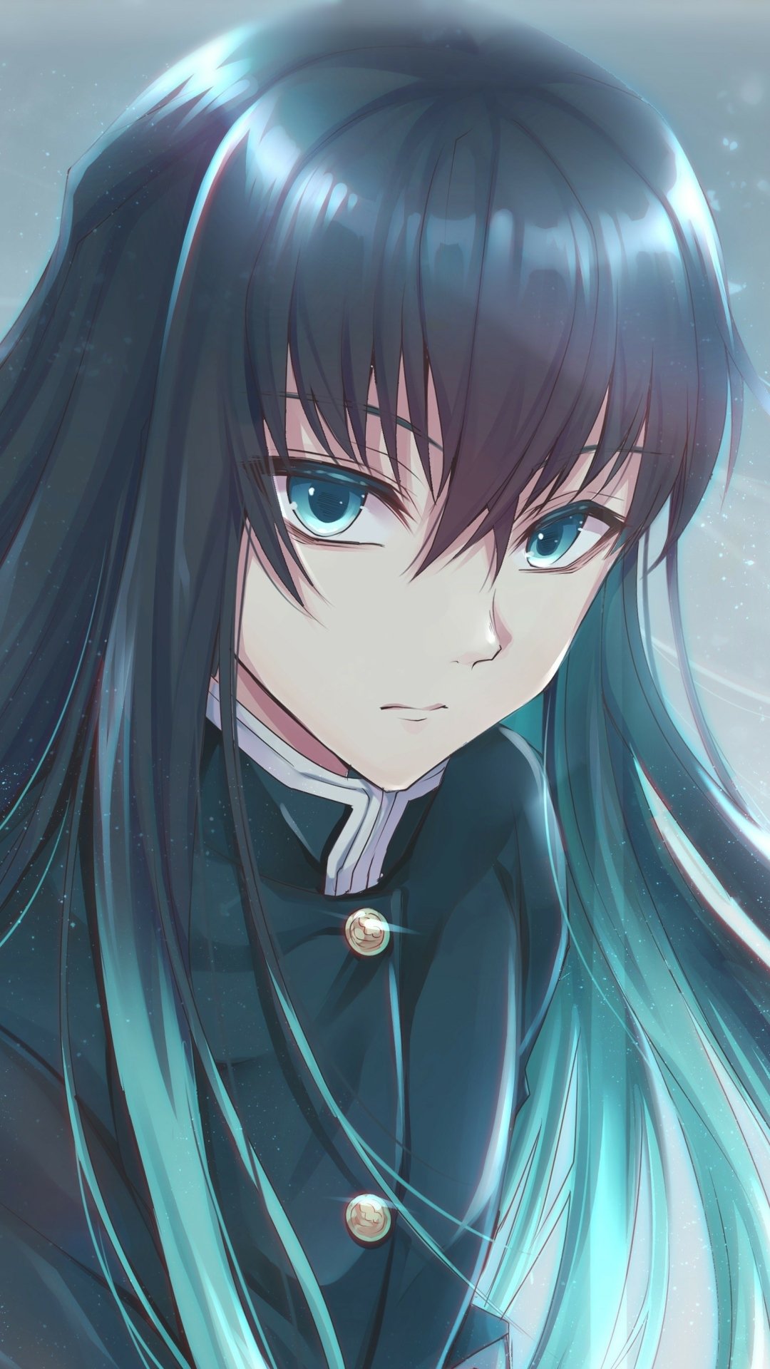 Anime-style portrait of a Demon Slayer: Kimetsu no Yaiba character with long dark hair and blue eyes, designed as a phone wallpaper for iPhone and Android devices.