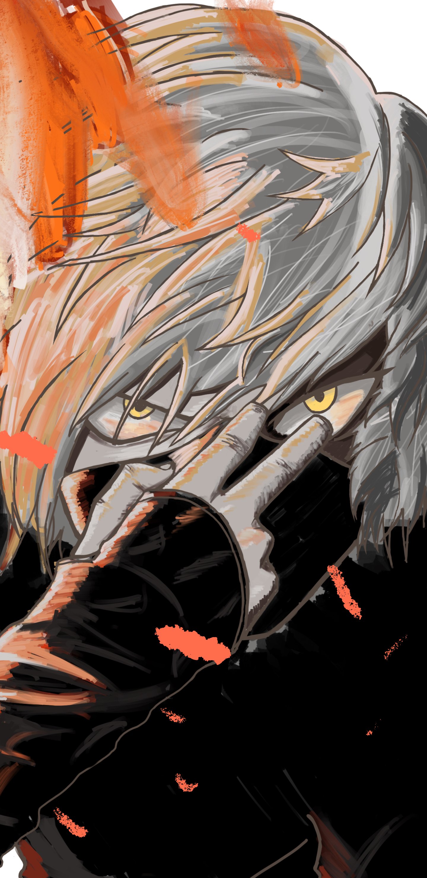 Vertical phone wallpaper for iPhone and Android: Hell's Paradise anime character with pale hair, piercing yellow eyes, gloved hand over face, orange embers and brushstrokes on a dark background.
