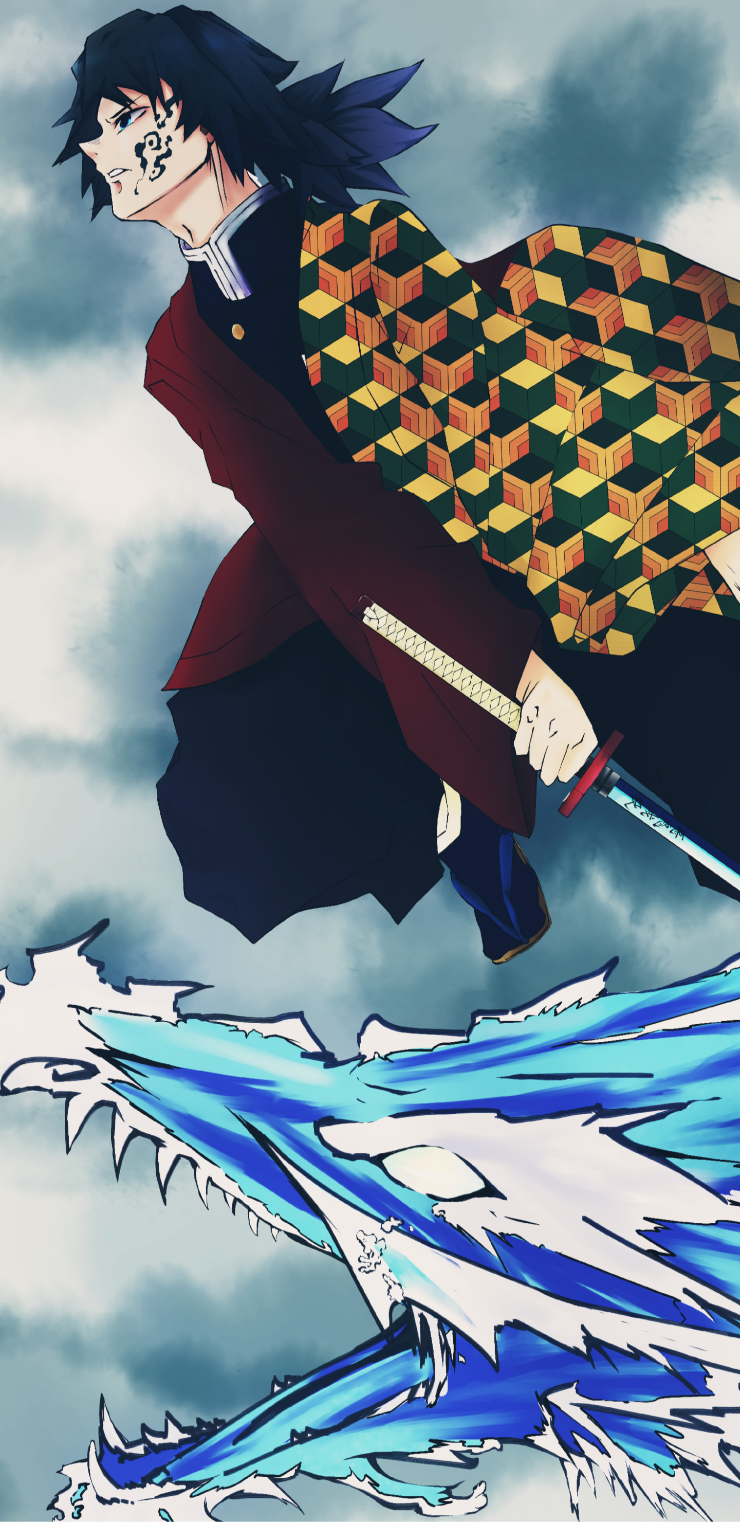 Anime phone wallpaper from Demon Slayer: Kimetsu no Yaiba — cloaked demon slayer in patterned haori wields a sword, summoning a roaring blue water dragon against a stormy sky.
