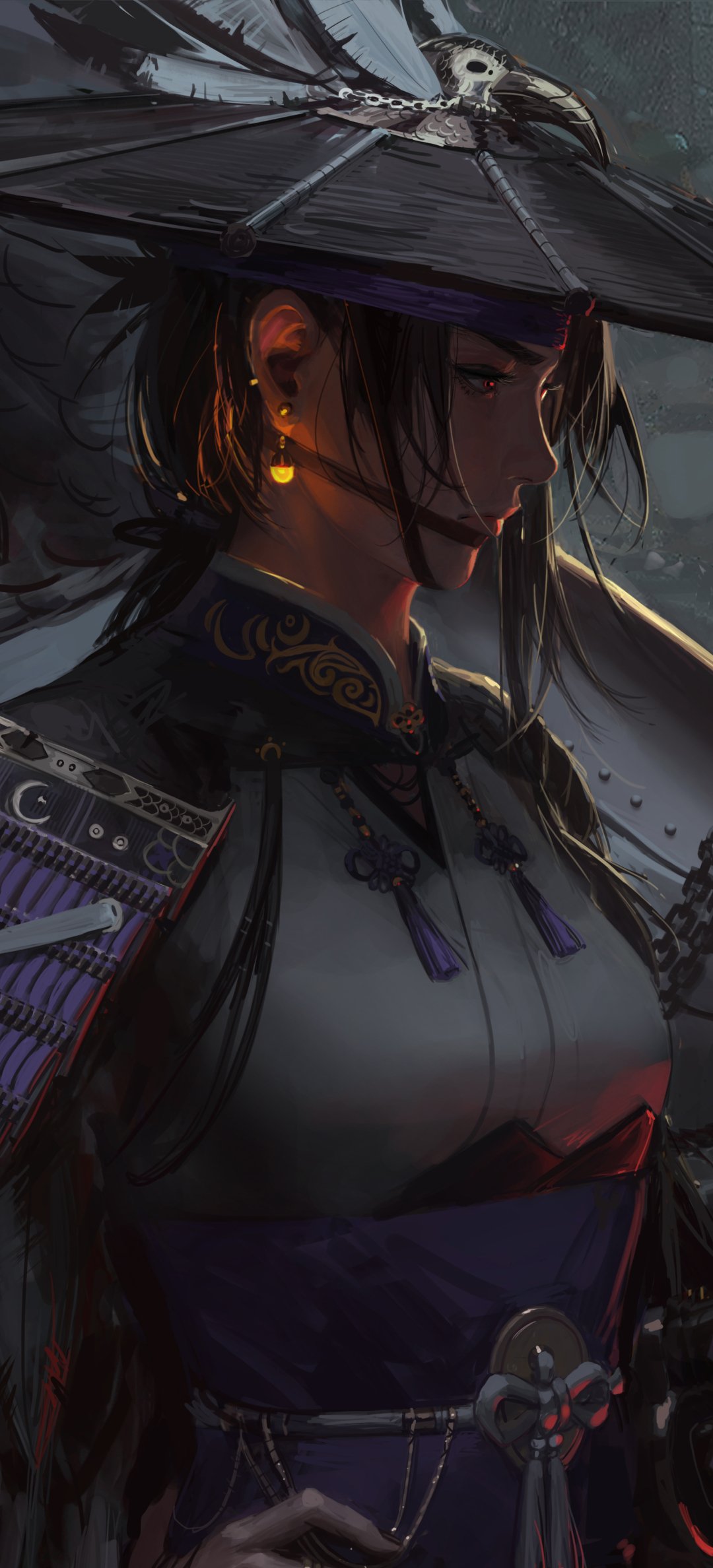 Fantasy samurai phone wallpaper: moody portrait of a female warrior in a wide hat and ornate armor, shadowed face, glowing earring and detailed kimono and accessories.