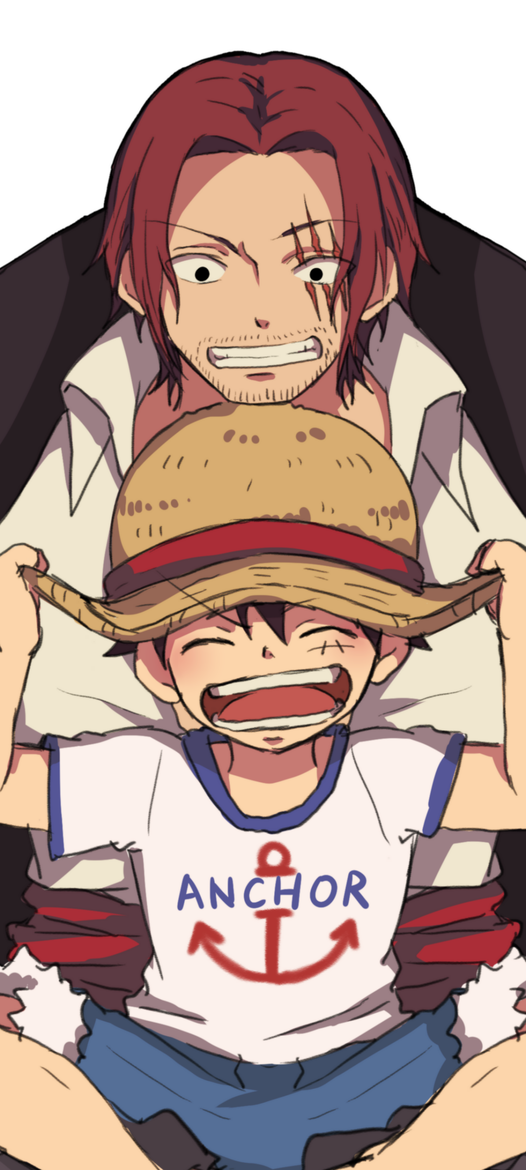 Anime-style One Piece phone wallpaper featuring two characters, with one playfully placing a straw hat on the other’s head, designed for iPhone and Android screens.