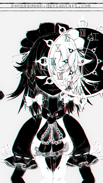 Anime Touhou phone wallpaper: monochrome maid with a split black-and-white face, Roman‑numeral clock overlay, heart accents and ribbons in a gothic, surreal style.