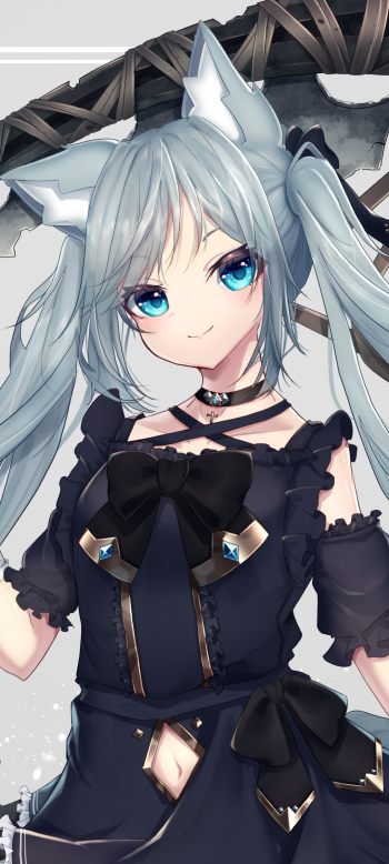 Anime girl with silver twin-tails and fox ears, bright blue eyes and black ribboned gothic dress — phone wallpaper that works on iPhones and Android phones.