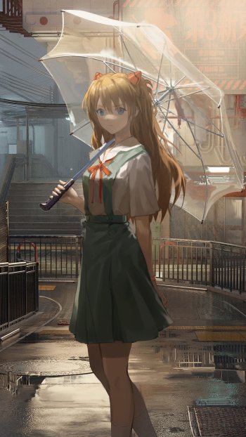 Phone wallpaper: anime-style Neon Genesis Evangelion scene of a long auburn-haired schoolgirl in a green uniform holding a clear umbrella on a rain-wet urban street at golden hour.