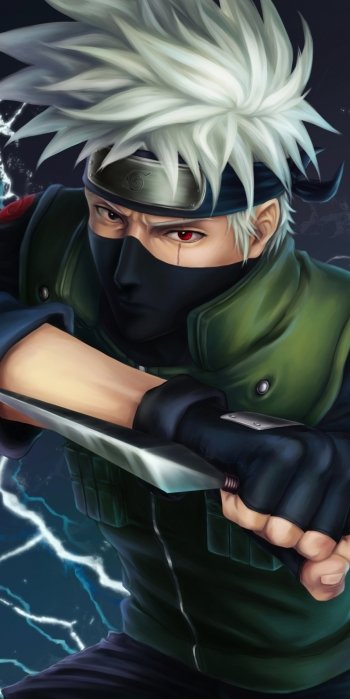 Anime Naruto phone wallpaper for iPhone and Android: portrait close-up of masked Kakashi Hatake with one Sharingan eye, clutching a kunai amid crackling blue lightning.