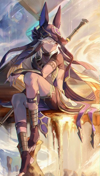 Phone wallpaper featuring Cyno from Genshin Impact, showcasing dynamic art with warm light and detailed costume, designed to fit iPhone and Android screens.