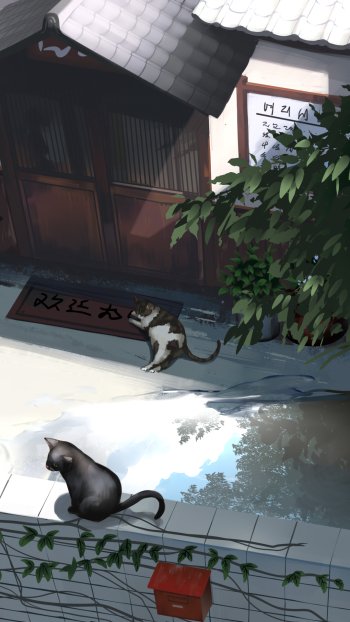 Vertical anime phone wallpaper: an anime girl’s quiet wooden doorstep with two lounging cats, dappled sunlight, leafy plants and a reflective puddle.