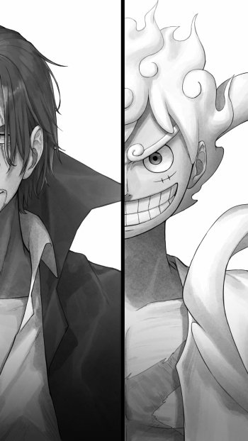 Black-and-white One Piece anime phone wallpaper featuring split portraits of two characters, designed for both iPhone and Android screens.