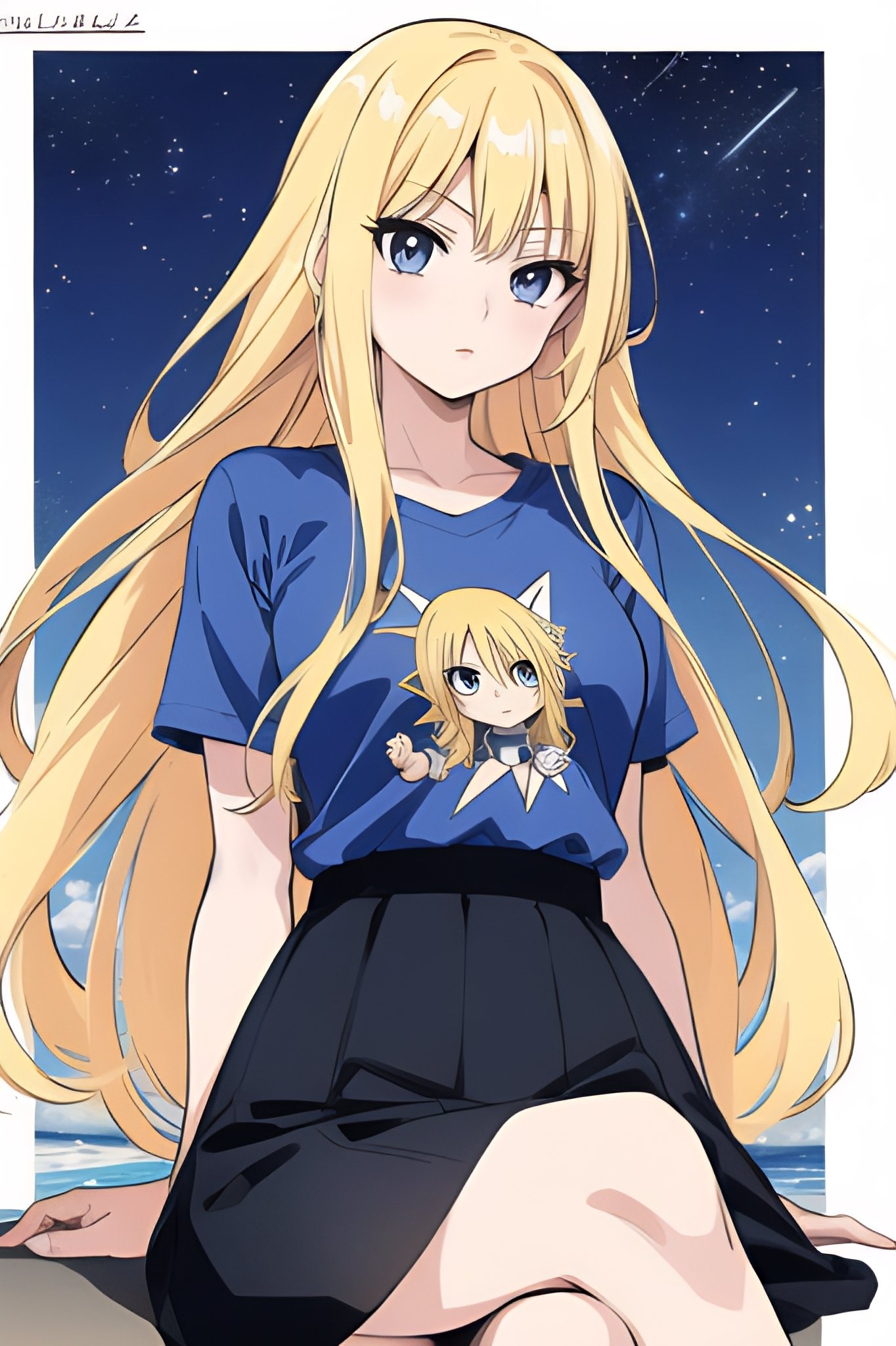 Golden-haired cute anime girl with long flowing hair and blue eyes, seated against a starry sky, wearing a T-shirt featuring a chibi version of herself — phone wallpaper.