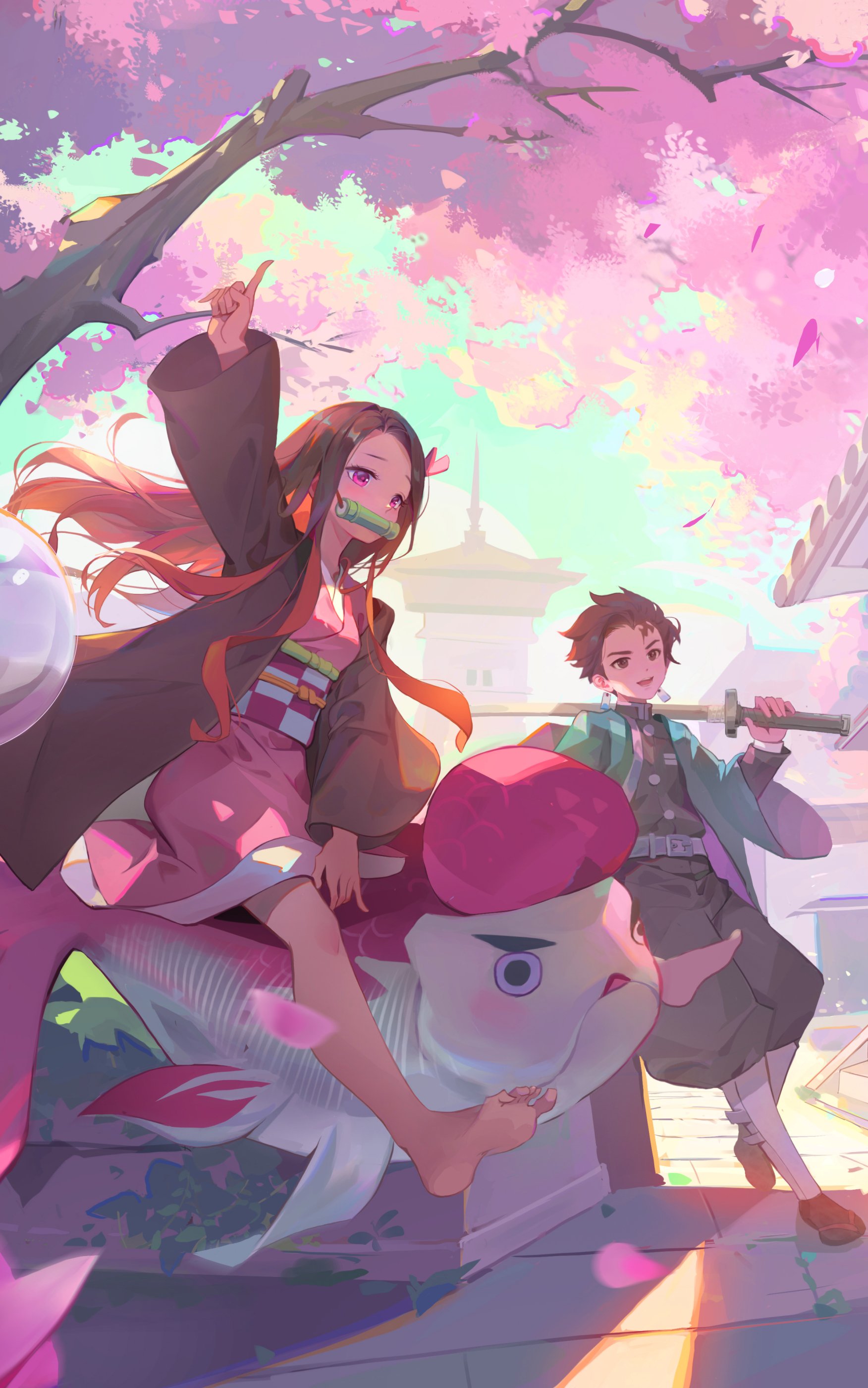 Demon Slayer: Kimetsu no Yaiba anime phone wallpaper (iPhone & Android) — Nezuko riding a festival float with Tanjiro nearby beneath vibrant pink cherry blossoms.