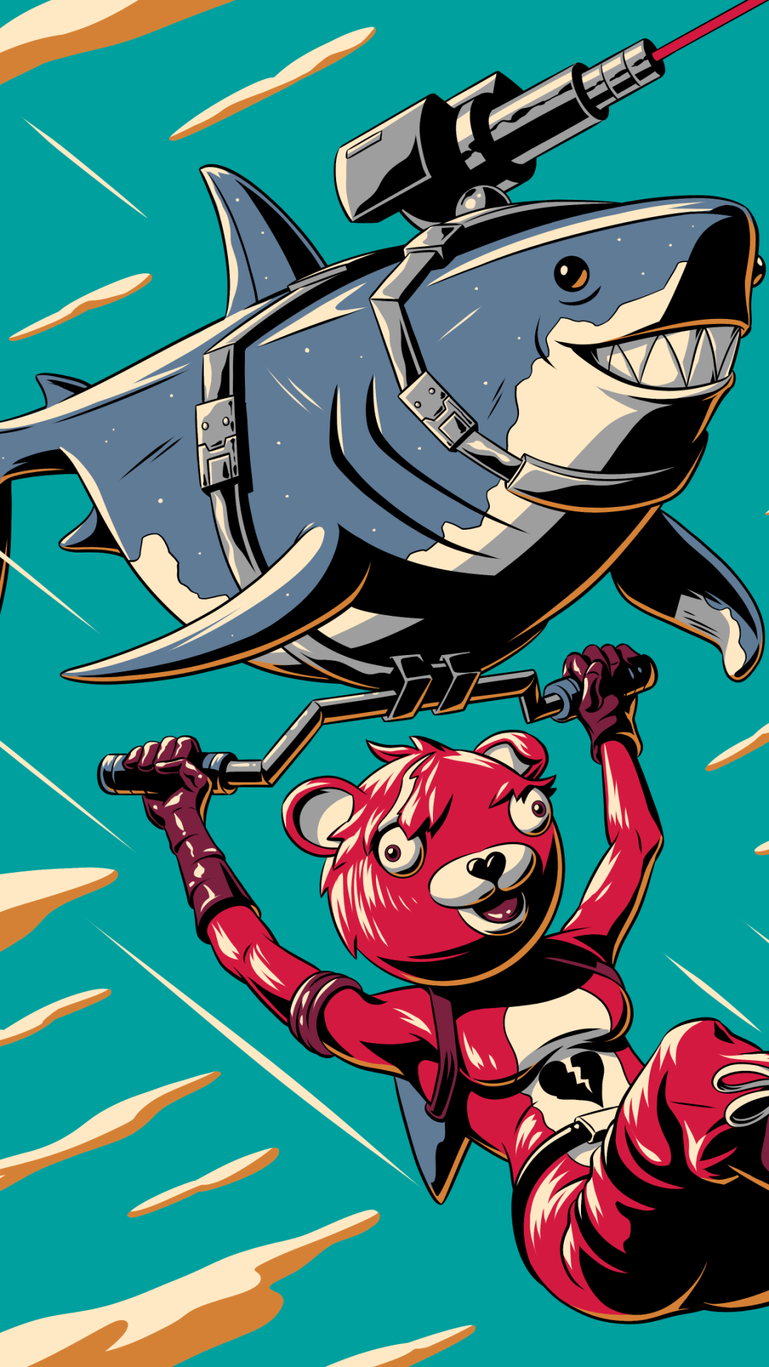Video game phone wallpaper — Fortnite: pink bear mascot skydiving while holding a flying mechanical shark glider against a teal sky.