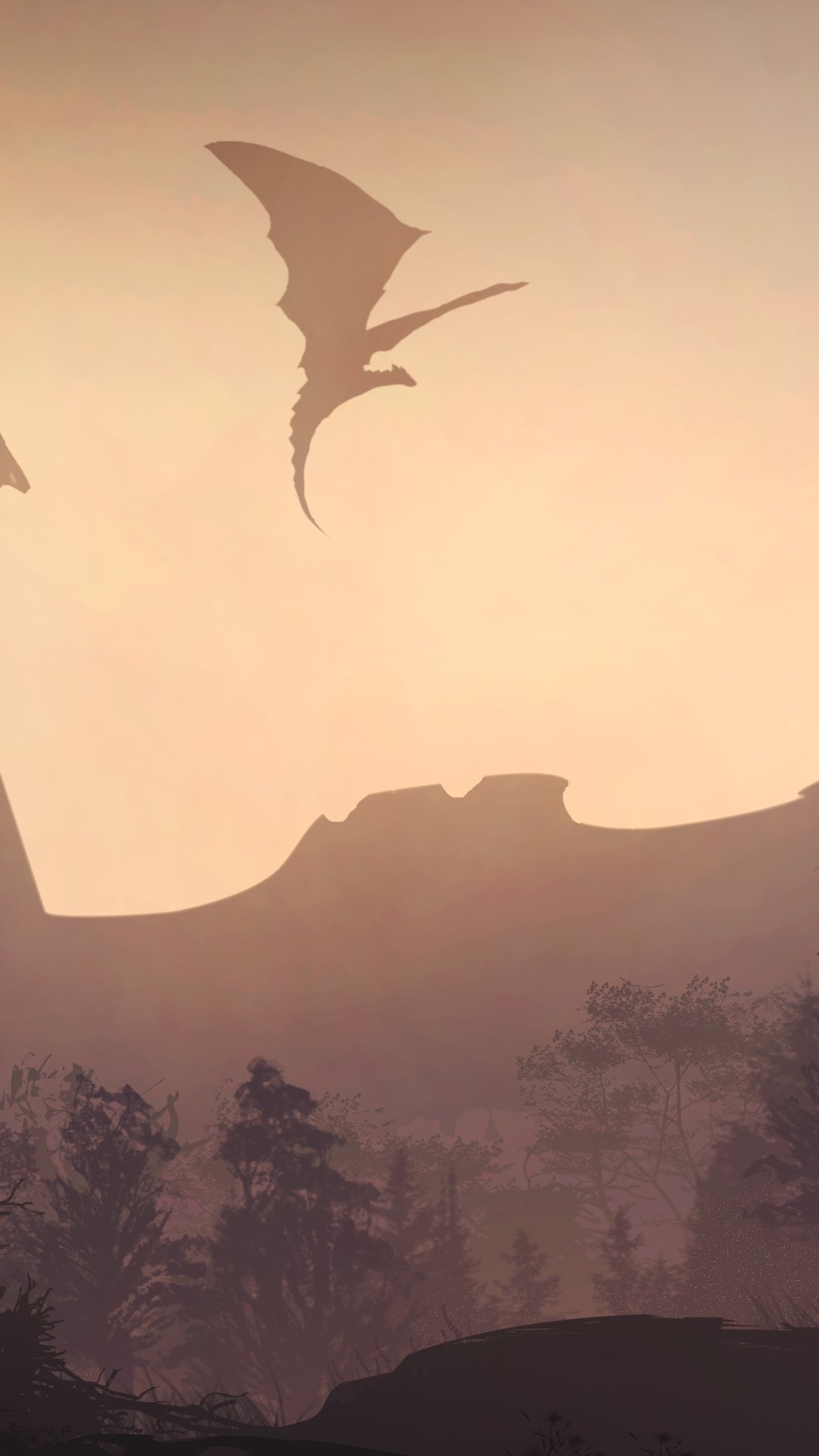 Vertical fantasy landscape phone wallpaper: silhouetted dragons glide over misty, pine-covered ridges at dusk.