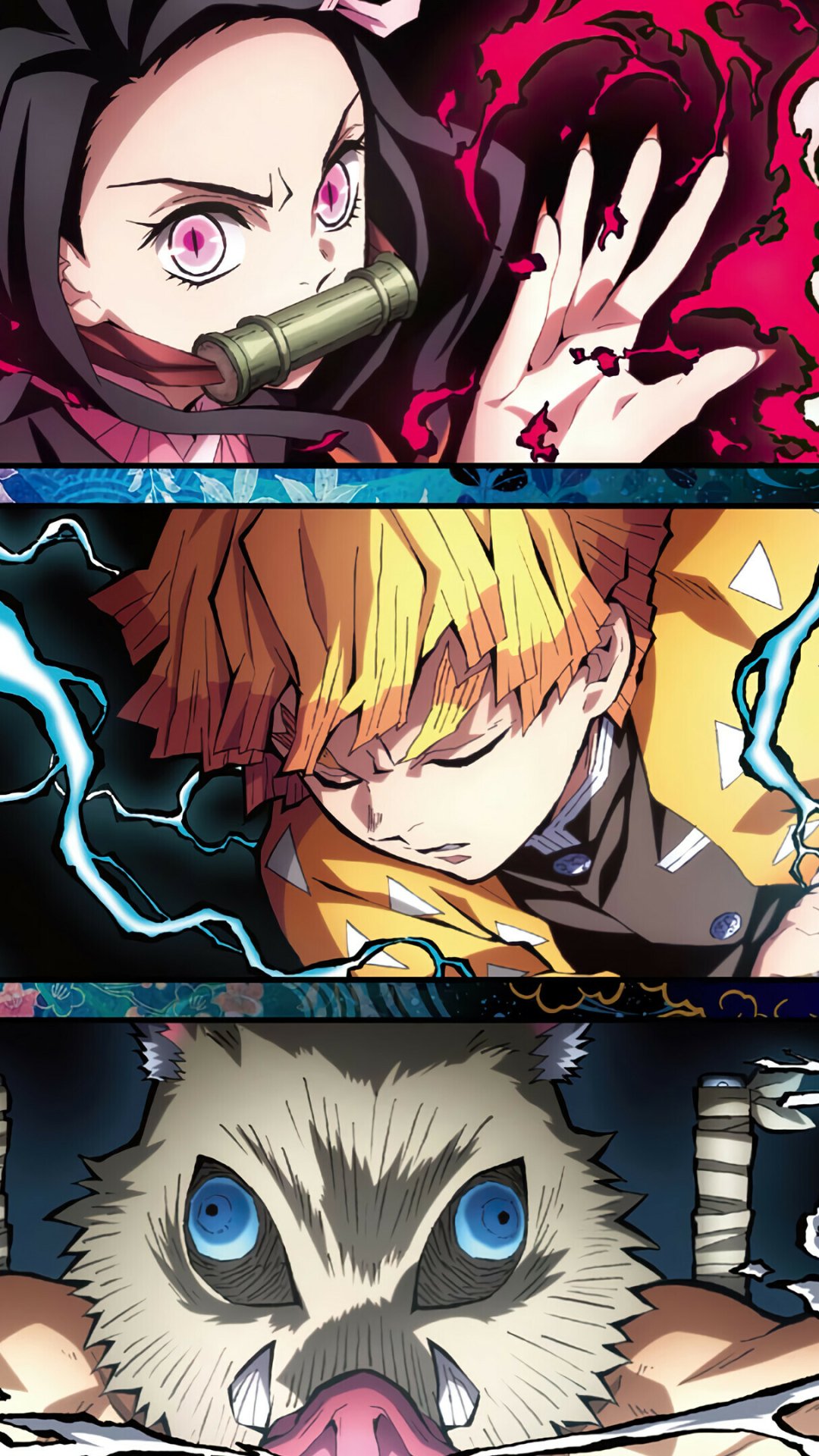 Anime phone wallpaper: Demon Slayer: Kimetsu no Yaiba — Nezuko with bamboo muzzle and crimson aura, electrified Zenitsu, and snarling Inosuke in stacked panels.