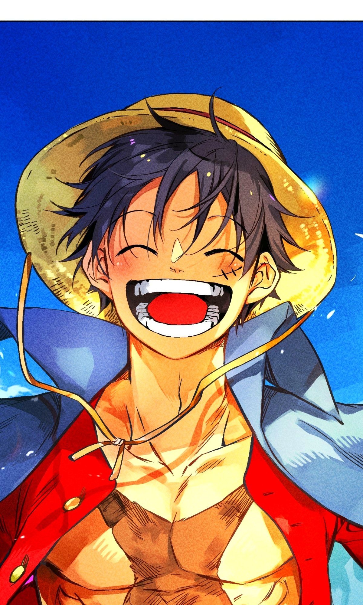 Vibrant One Piece anime phone wallpaper featuring a joyful Monkey D. Luffy with his iconic straw hat against a bright blue sky, designed for iPhones and Android devices.