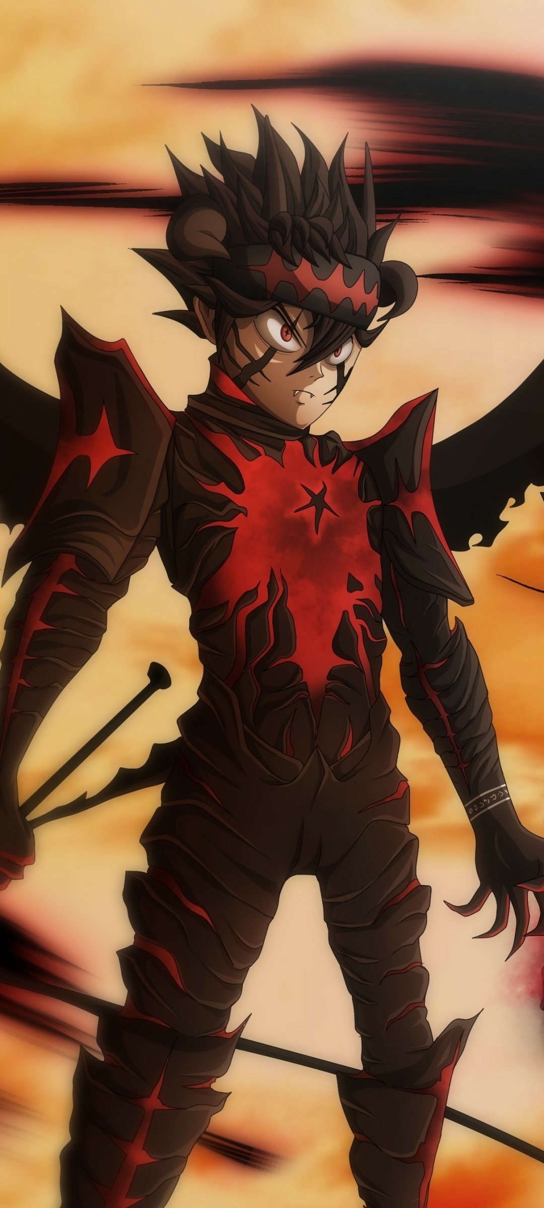 Anime phone wallpaper featuring a Black Clover character in dark armor with red accents, set against a fiery, orange sky. Compatible with iPhones and Android devices.