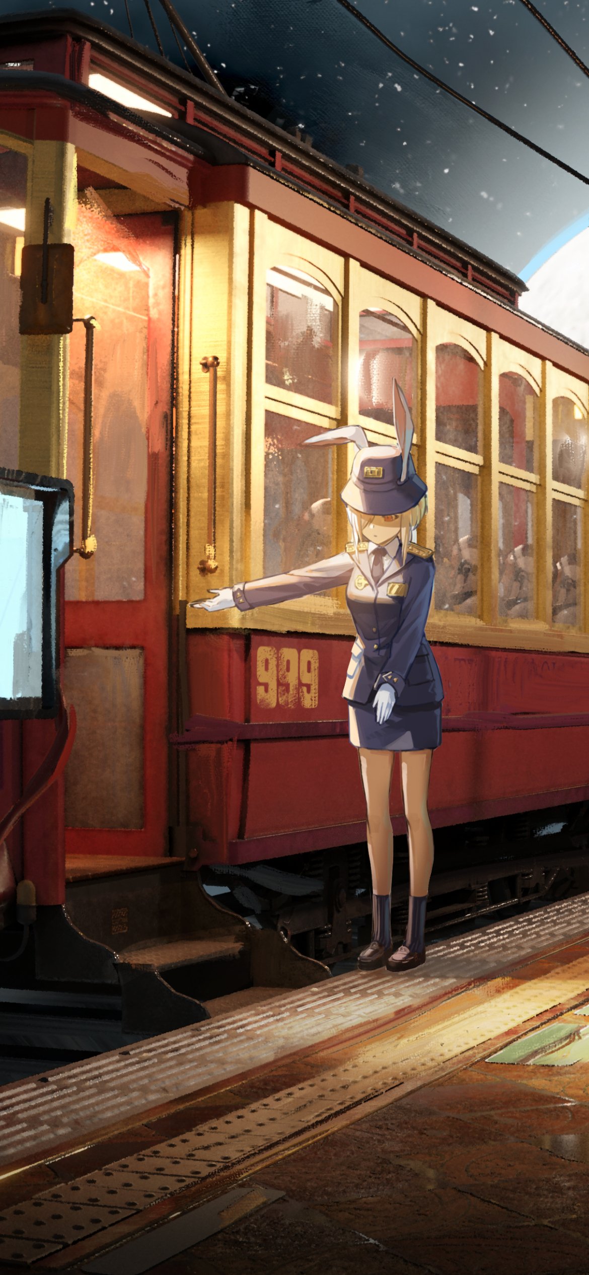 Phone wallpaper featuring an anime girl conductor in uniform standing by a red vintage tram beneath a starry sky.