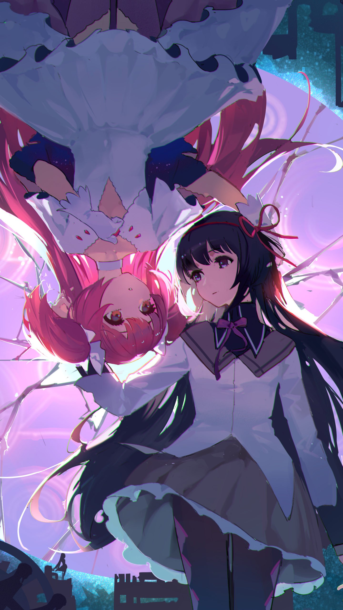Anime-style wallpaper featuring characters from Puella Magi Madoka Magica, designed for display on iPhones and Android phones with vibrant colors and dynamic composition.